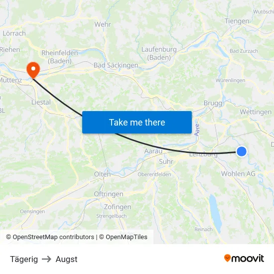 Tägerig to Augst map
