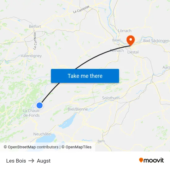 Les Bois to Augst map