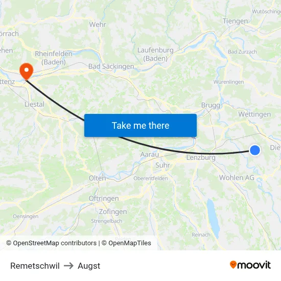 Remetschwil to Augst map