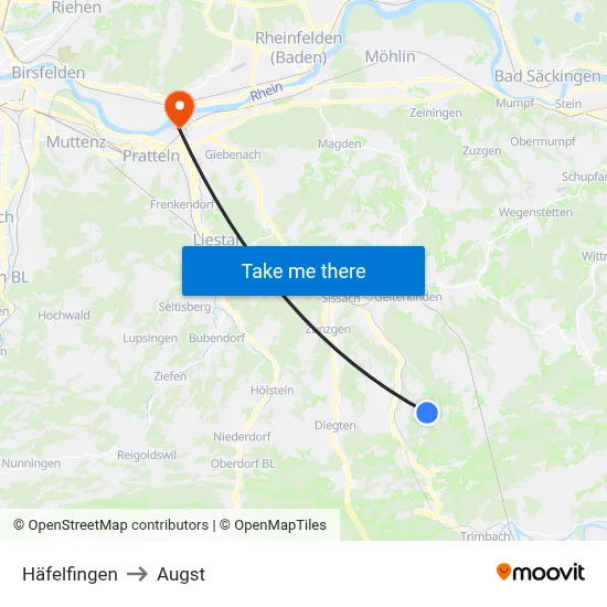 Häfelfingen to Augst map
