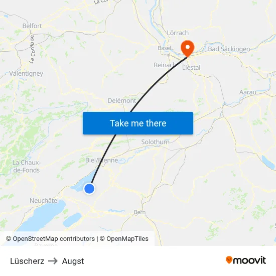 Lüscherz to Augst map