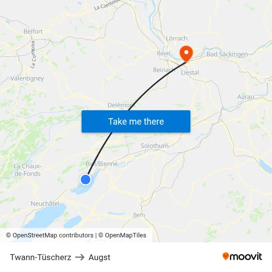 Twann-Tüscherz to Augst map