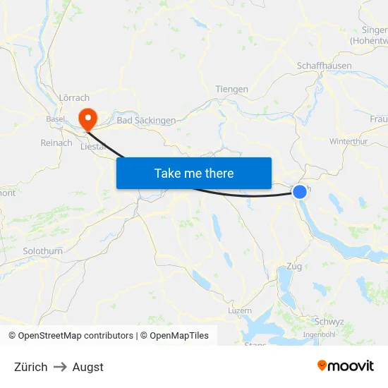 Zürich to Augst map