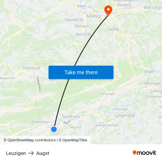 Leuzigen to Augst map