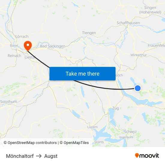 Mönchaltorf to Augst map