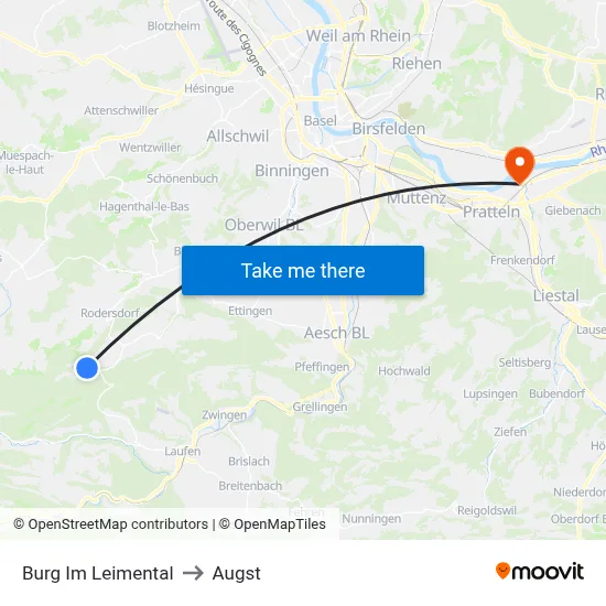 Burg Im Leimental to Augst map