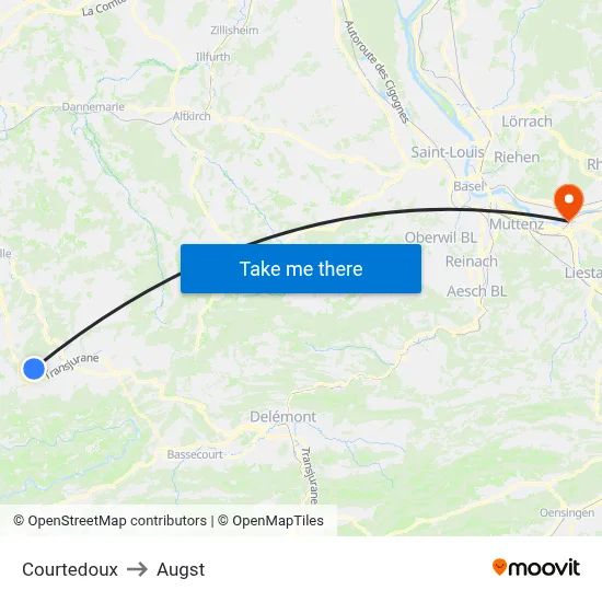 Courtedoux to Augst map