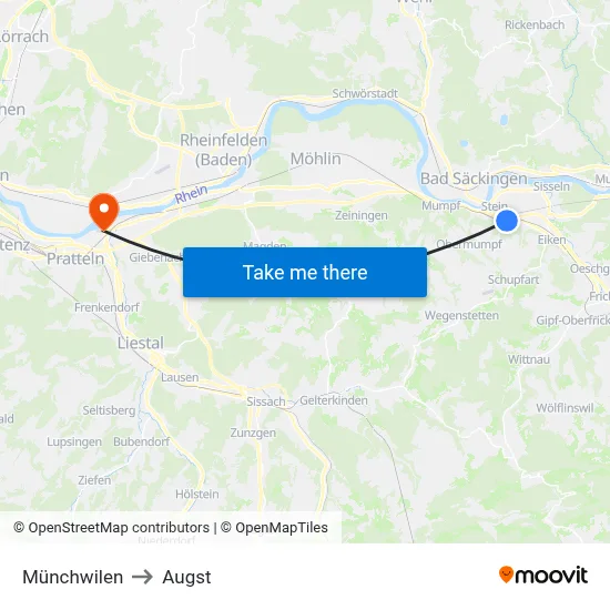 Münchwilen to Augst map