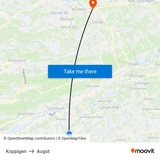 Koppigen to Augst map