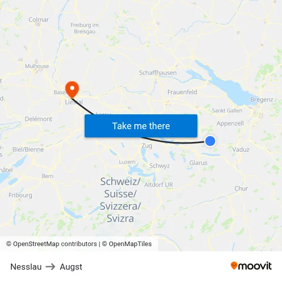 Nesslau to Augst map