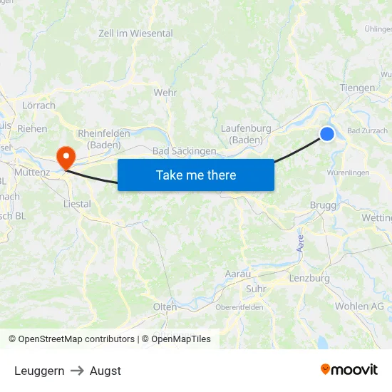 Leuggern to Augst map
