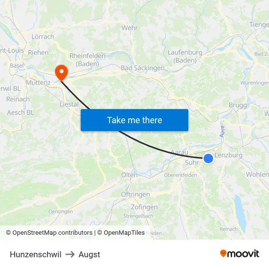 Hunzenschwil to Augst map