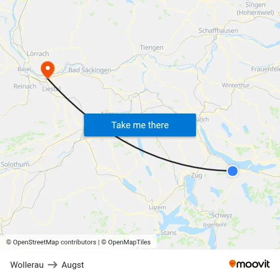 Wollerau to Augst map