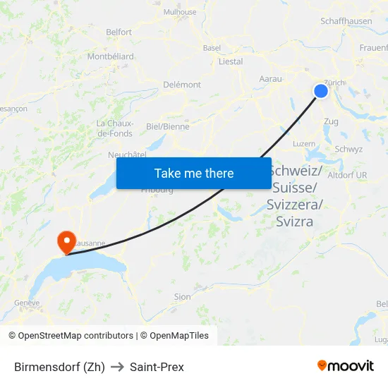Birmensdorf (Zh) to Saint-Prex map
