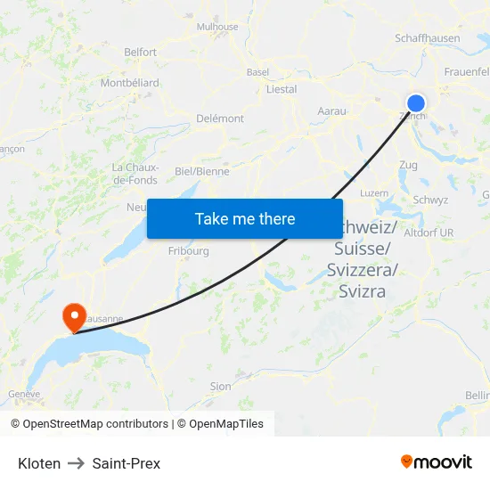Kloten to Saint-Prex map