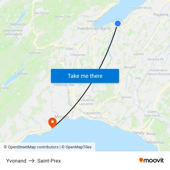 Yvonand to Saint-Prex map