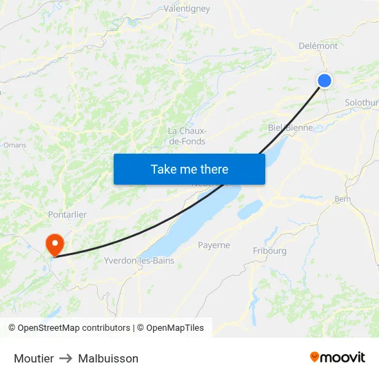 Moutier to Malbuisson map