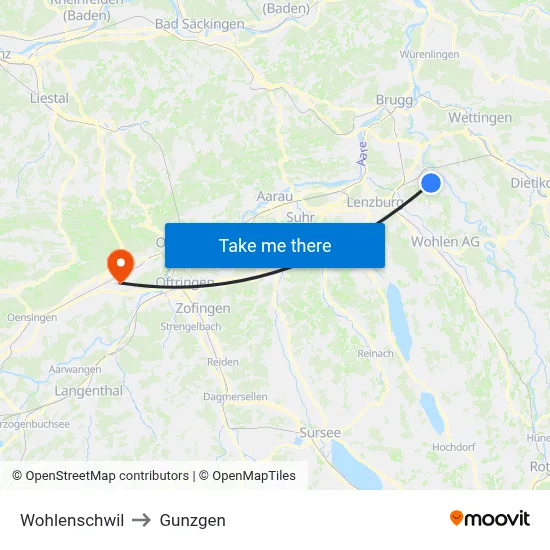 Wohlenschwil to Gunzgen map