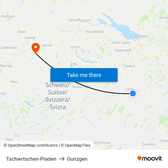 Tschiertschen-Praden to Gunzgen map