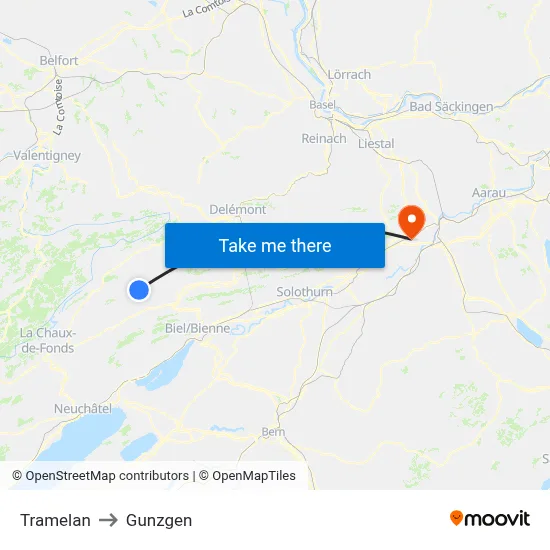 Tramelan to Gunzgen map