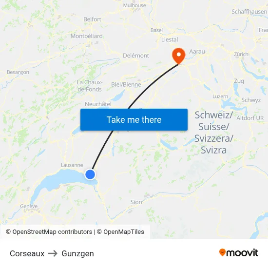 Corseaux to Gunzgen map