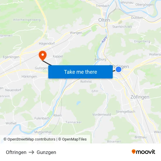Oftringen to Gunzgen map