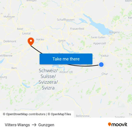 Vilters-Wangs to Gunzgen map