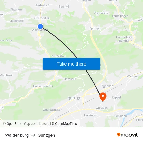 Waldenburg to Gunzgen map