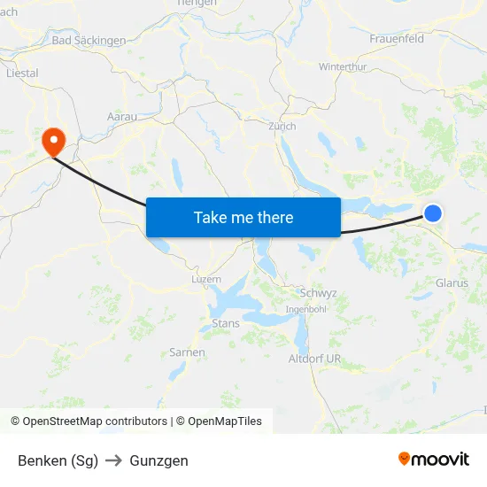 Benken (Sg) to Gunzgen map