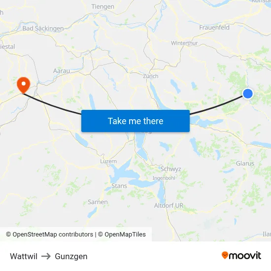 Wattwil to Gunzgen map