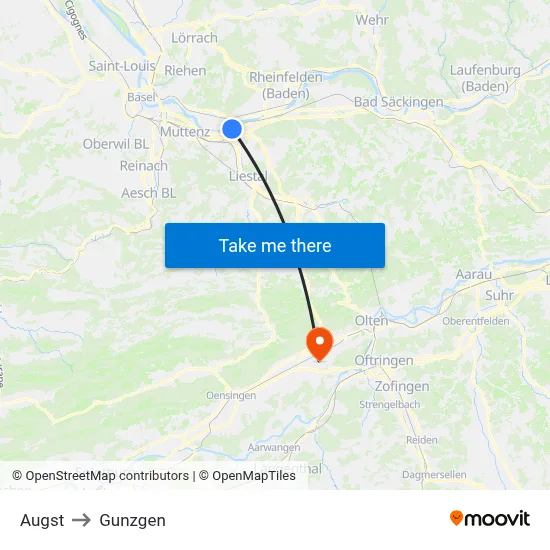 Augst to Gunzgen map