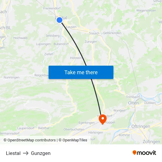 Liestal to Gunzgen map