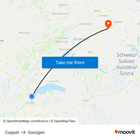 Coppet to Gunzgen map