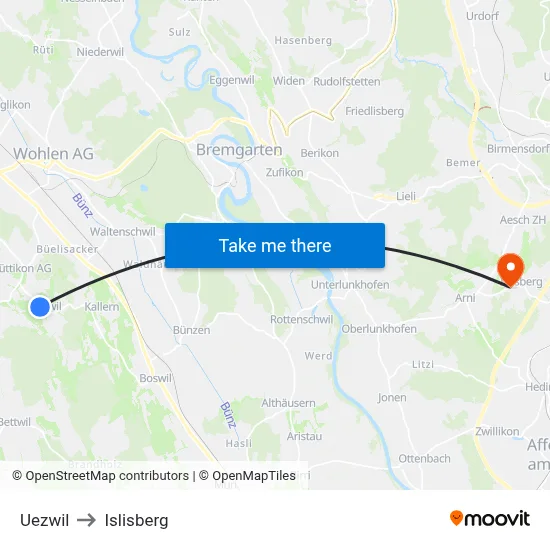 Uezwil to Islisberg map