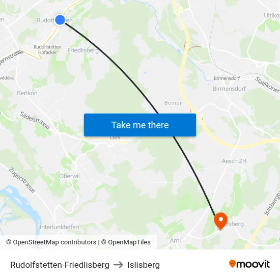 Rudolfstetten-Friedlisberg to Islisberg map