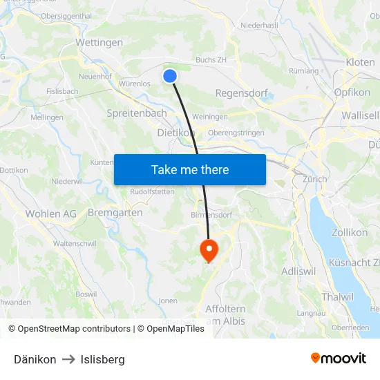 Dänikon to Islisberg map