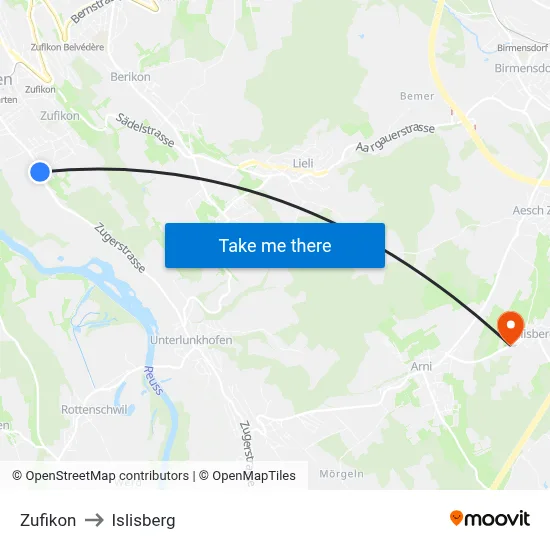 Zufikon to Islisberg map