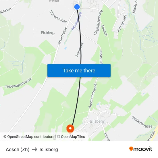 Aesch (Zh) to Islisberg map