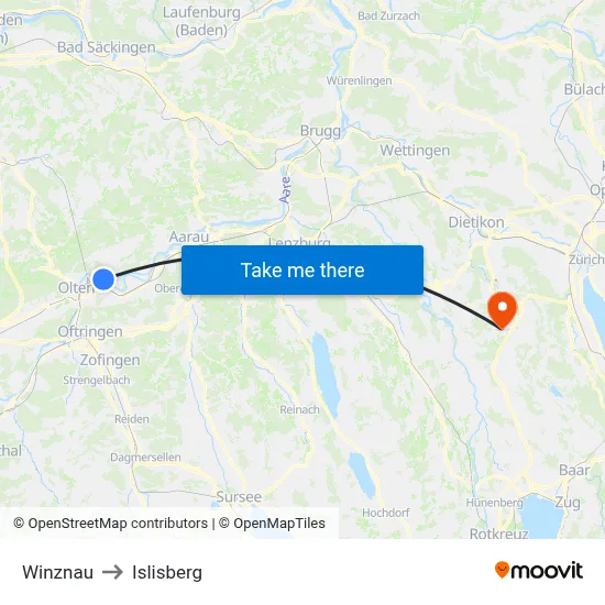 Winznau to Islisberg map