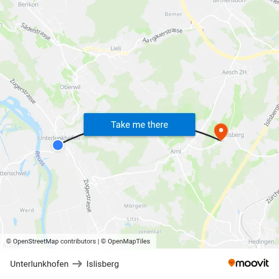 Unterlunkhofen to Islisberg map