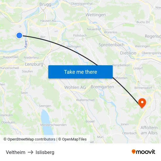 Veltheim to Islisberg map