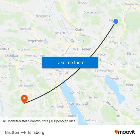 Brütten to Islisberg map