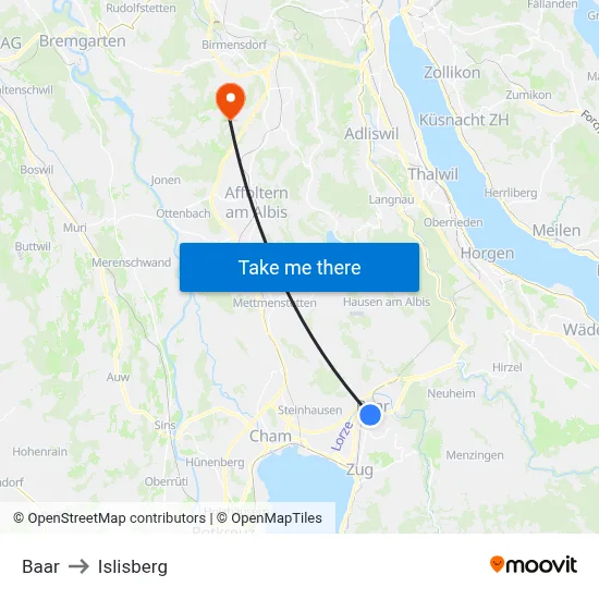 Baar to Islisberg map
