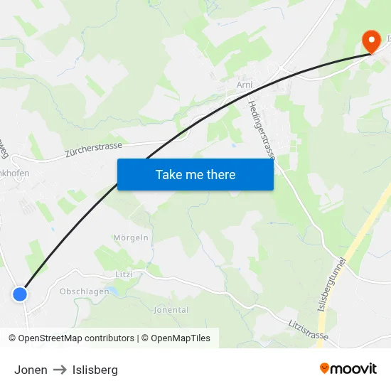 Jonen to Islisberg map