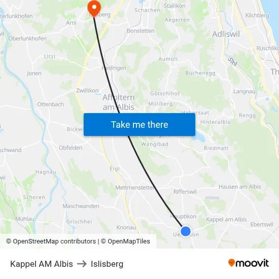 Kappel AM Albis to Islisberg map