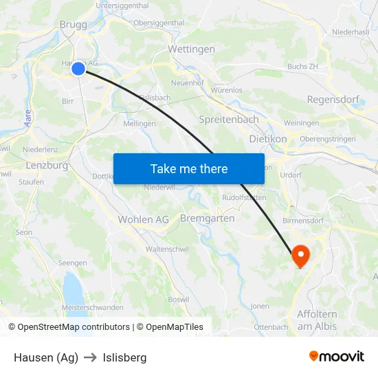Hausen (Ag) to Islisberg map