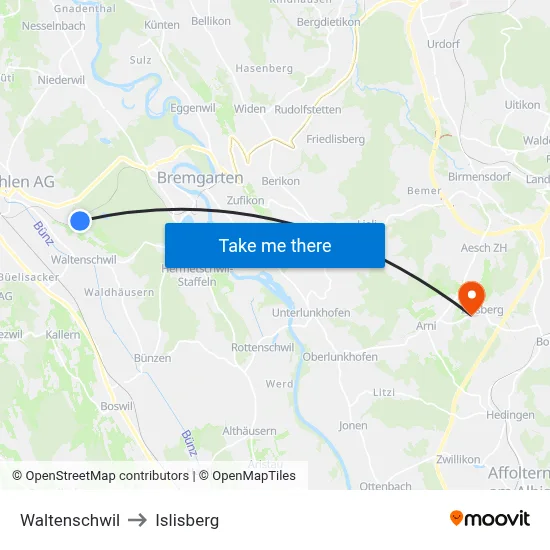 Waltenschwil to Islisberg map