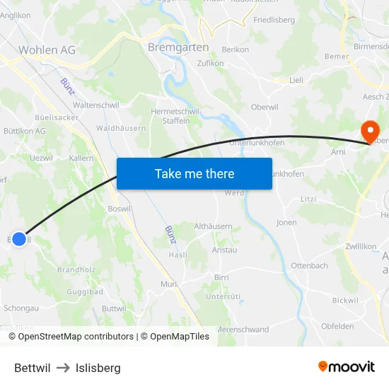 Bettwil to Islisberg map