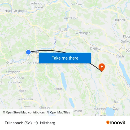 Erlinsbach (So) to Islisberg map