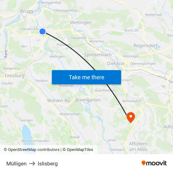 Mülligen to Islisberg map